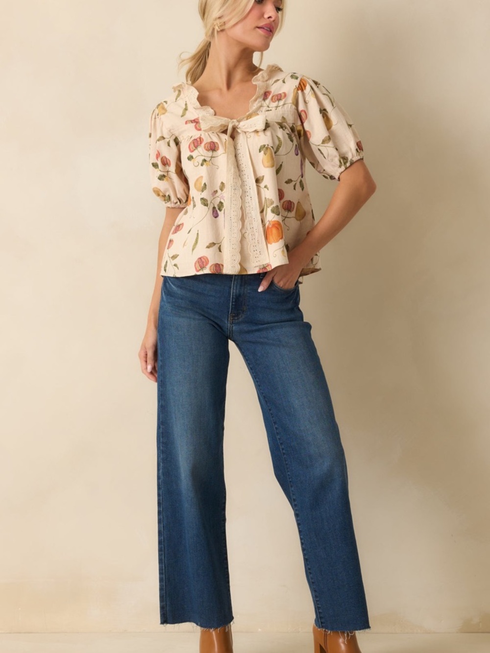 Bailey Rose Ivory Multi Vegetable Print Cotton Puff Sleeve Top | Medium